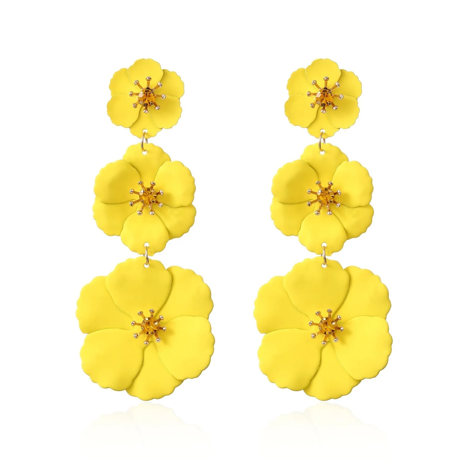 Luxury Women Floral Dangle Earrings Fashion Rhinestone Ear Studs Colorful Three Flower Earrings