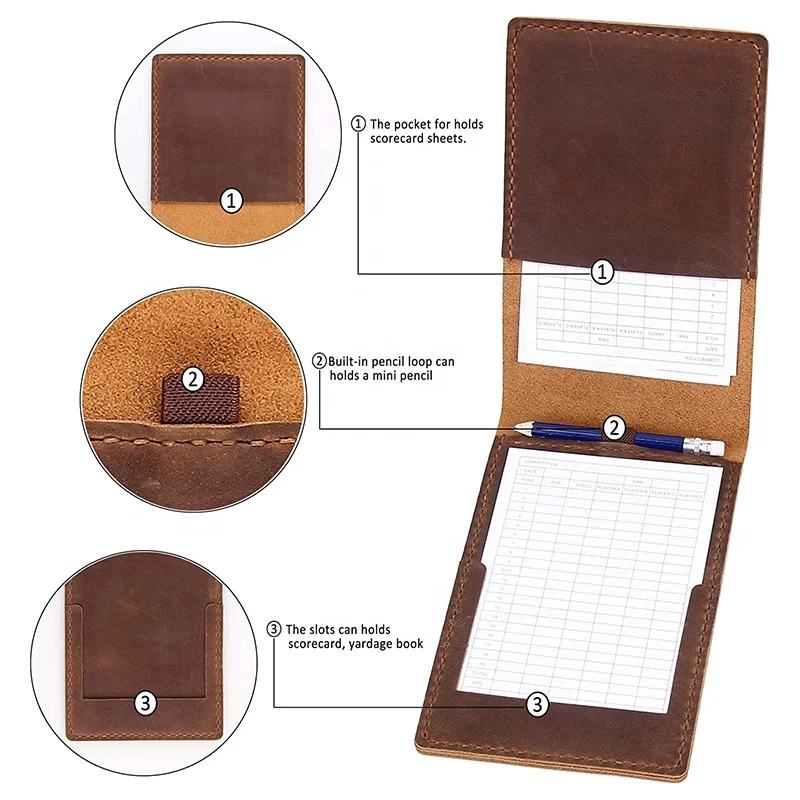 Handmade Leather Yardage Book Cover, Leather Golf Scorecard Holder with Built-in Pencil Loop
