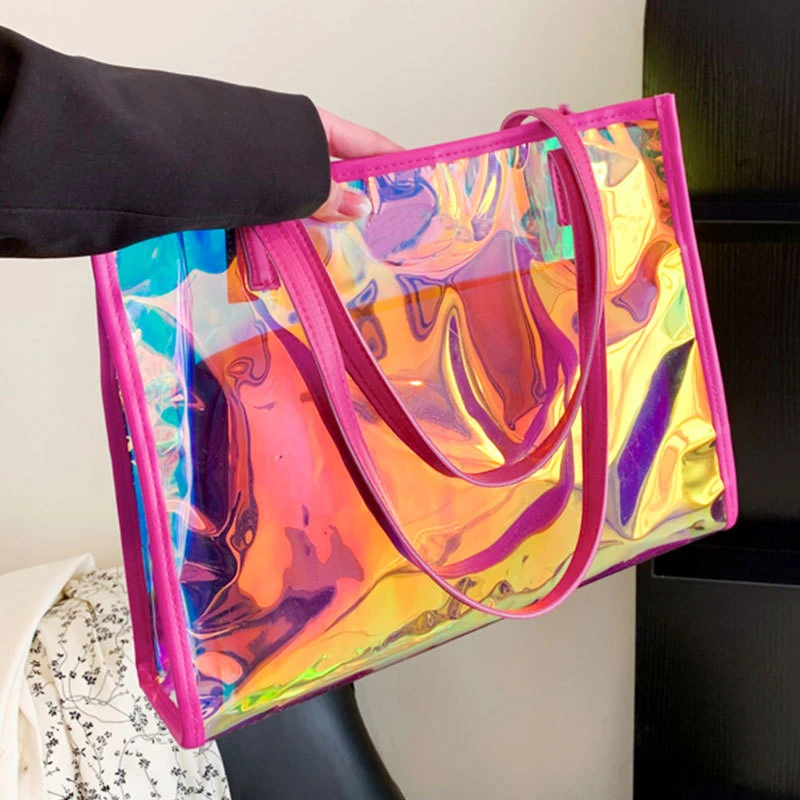 Transparent Shopping Bag with Logo Custom Printed Pink White Laser PVC Tote with PU Leather Handle