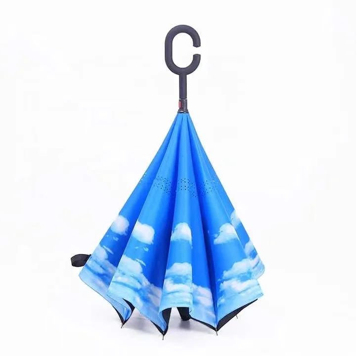 New Arrival Reverse Inverted Car Umbrellas Upside Down Long Handle Umbrella Automatic C Shape Handle Advertising Umbrella