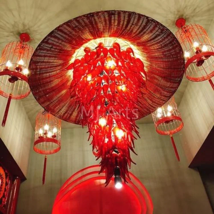 Hand Blown Art decoration hot pot restaurant lighting pepper design glass pieces unique handmade red glass art chandelier