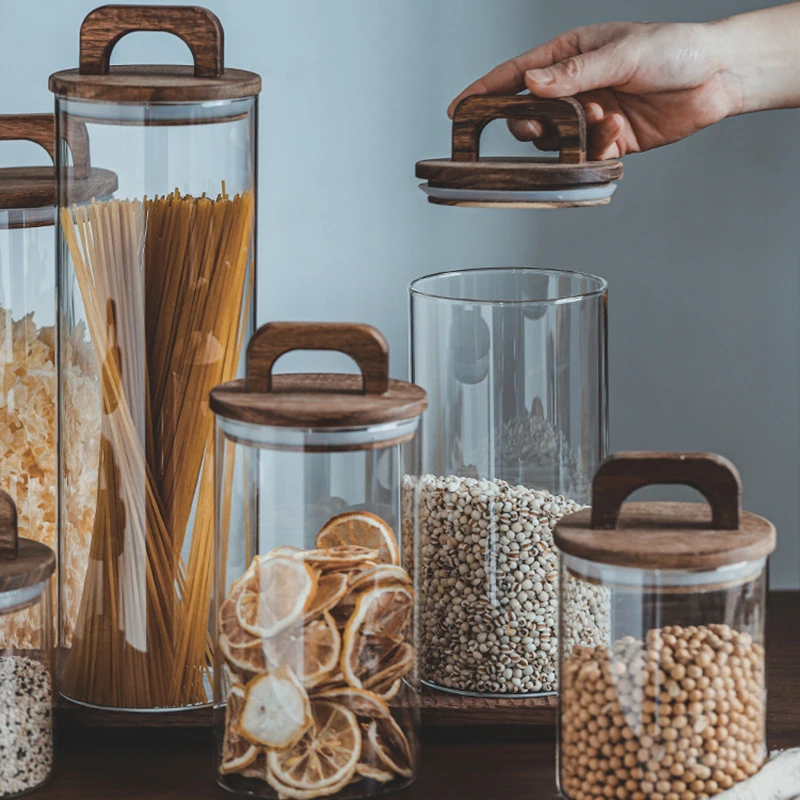 Airtight Acacia Lid Borosilicate Glass Spice Jar Clear Factory Food Storage Container jar with Lid for Kitchen Spice Srorage