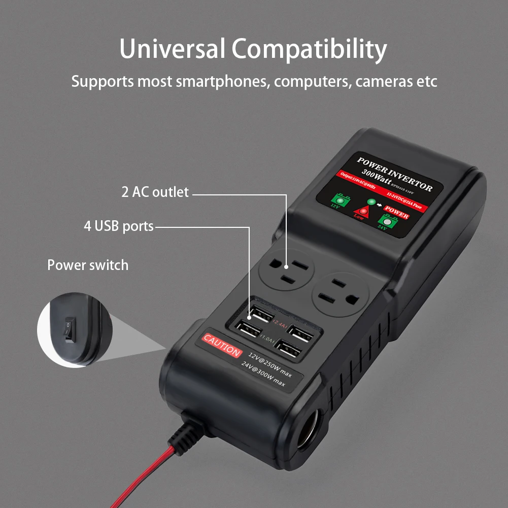 General vehicle dc ac inverter 12V 24V converted to 110V 300W 4USB interface 12V dc ac power inverter