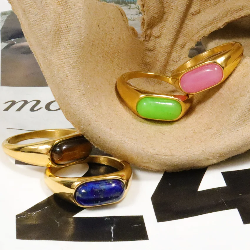 18k Gold Plated Jewelry Colorful Crystals Healing Stones Stainless Steel Rings Tiger Eye Waterproof Jewelry Natural Stone Ring