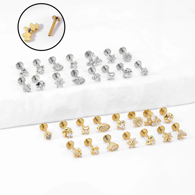 POENNIS New Design Stainless Steel Geometric CZ Cartilage Earrings Lip Flat Back Piercing Stud Labret Piercing Ring