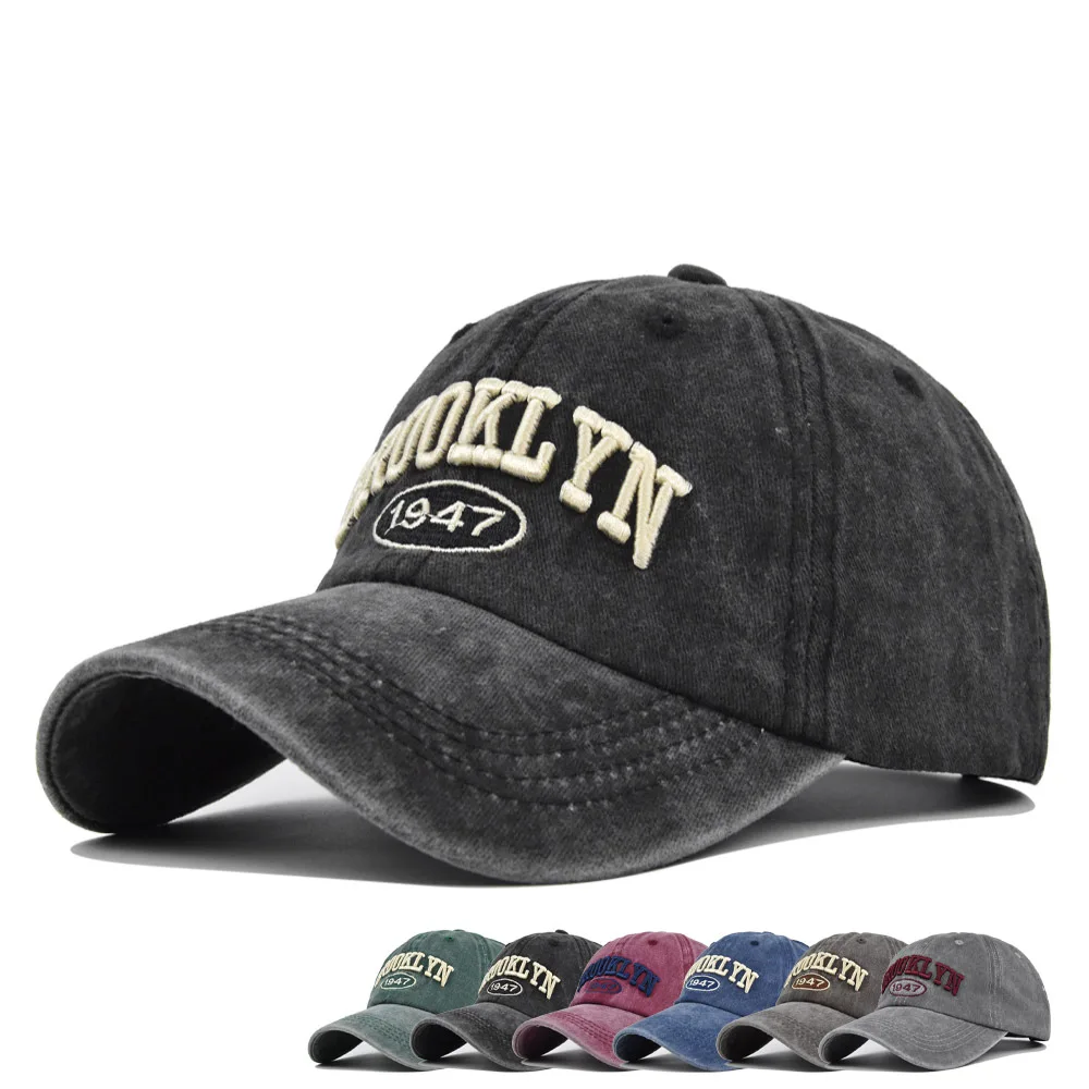 soft top BROOKLYN letter embroidered  washed denim vintage baseball cap for men woman