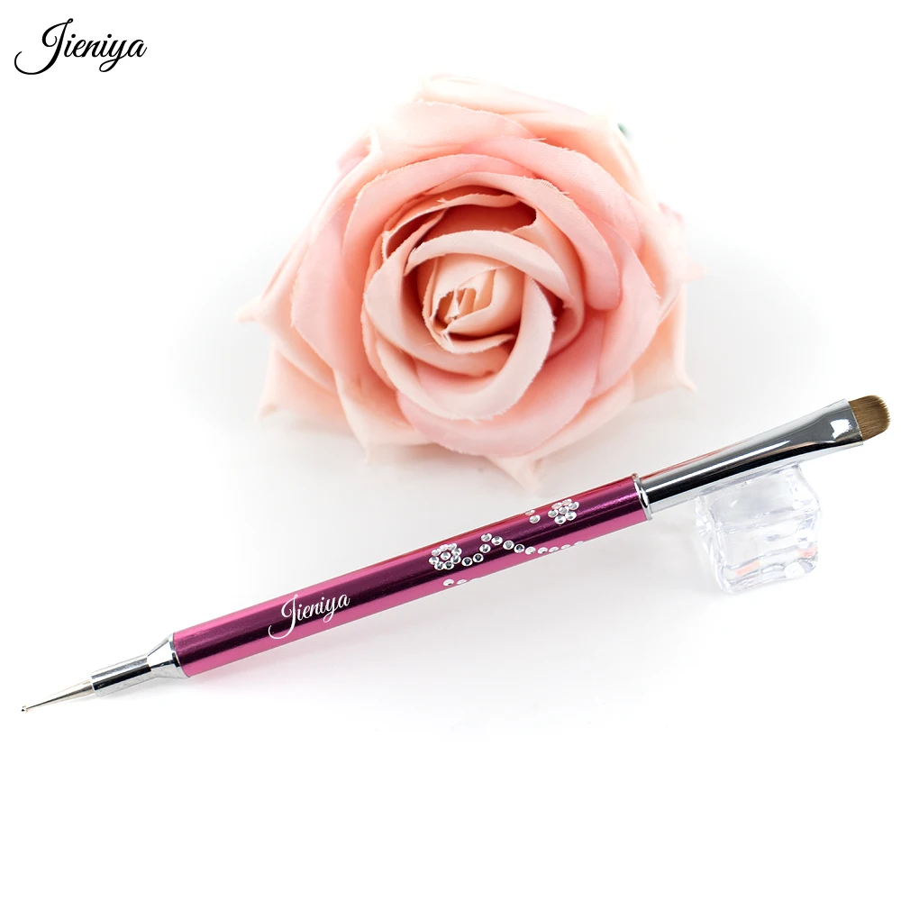 Jieniya hot selling Inlaid rhinestones pattern Metal Handle UV Gel dotting tool French brush double head nail art dual brush