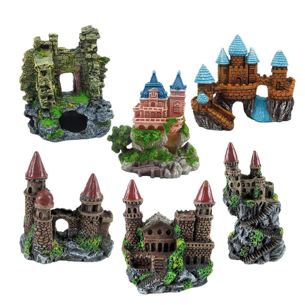 Aquarium Decorations Ruins,Resin Fish Tank Hideout Rock Betta Cave Castle Ornament Decor Fish Tank Decoration Landscaping