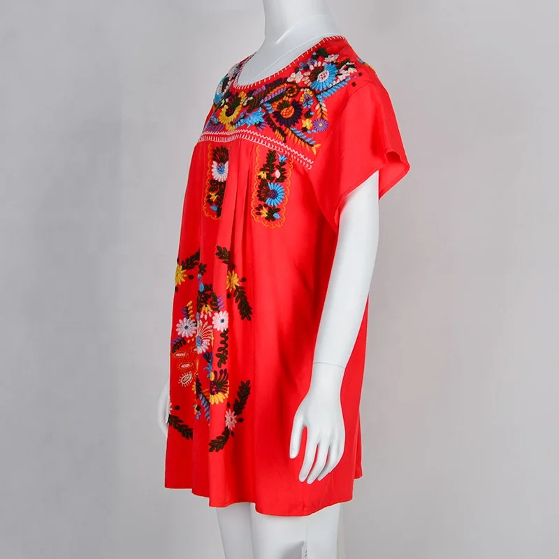Mexican Embroidered Women Dress Flower Design Red Joyous Skirt Vintage Clothes ST0159 Casual Dresses Plus Size Short Sleeve