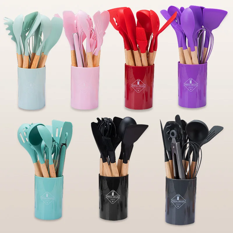 Wooden Handle Kitchen AccessoriesTool Food Grade 12  In 1 Set Kitchen cookware Utensils Silicone Kitchenware Set