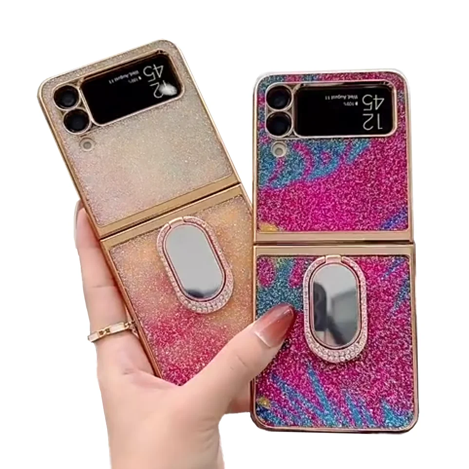 Luxury Glitter Case with Folding Mirror Ring Buckle Bling Phone Case Shell For Samsung Z Flip 3 case