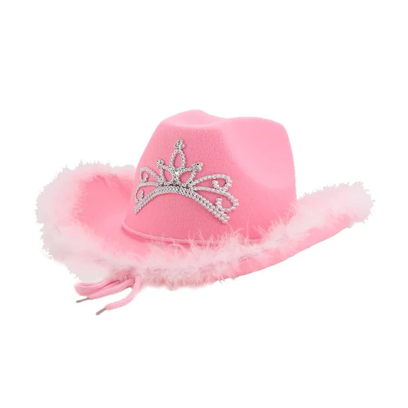 Wholesale Western Style Cowgirl Hats For Women Girl Feather Edge Party Pink Cowboy Hat With Crown