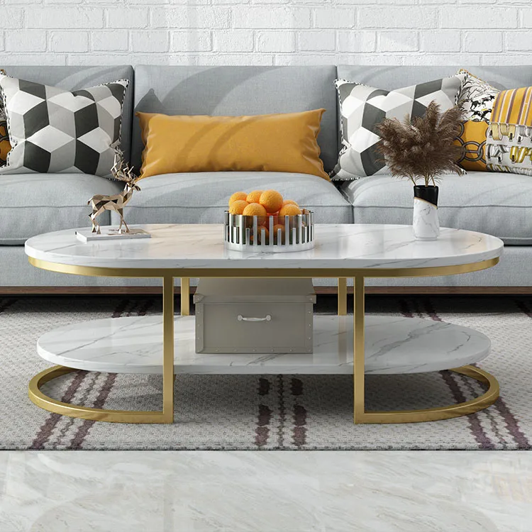 Modern luxury marble oval tea table iron art metal frame single double deck sofa small table living room household