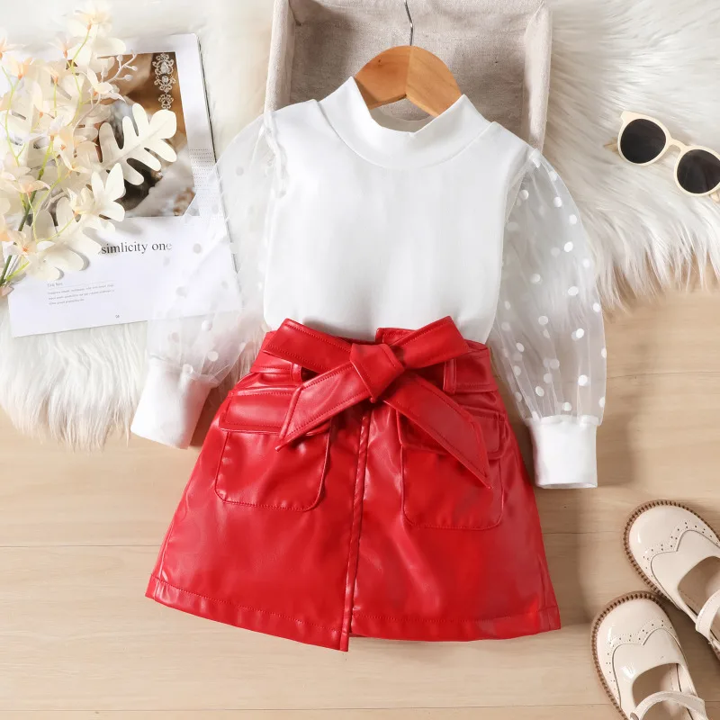 New Arrival Kids 2 Piece Red Brown Leather Skirt and White Lace Top Blouse Shirt Set for Children Girls