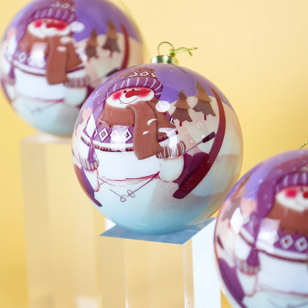 Purple Cartoon Pattern Poly Foam Christmas Ball With Gold Cap Christmas Tree Hanging Decoration Christmas Ball Gift Box Set