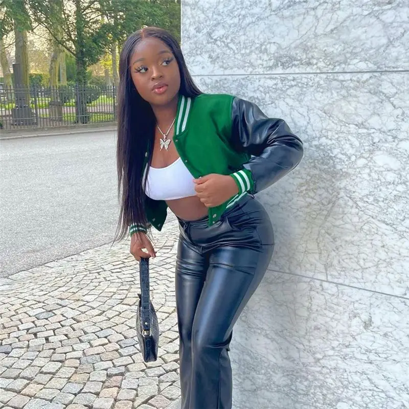 Leather patchwork long sleeve bomber jacket fashion streetwear winter jacket woman