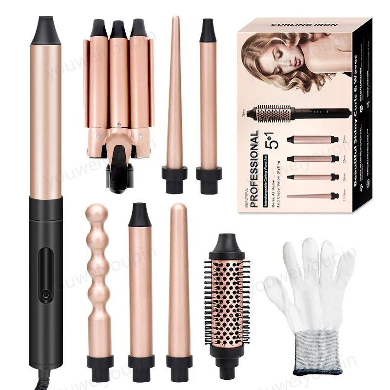 5 In 1 long barrel curling iron Professional Hair Curler Styling Tool with 3 Temp Heating Setting & Protective Glove