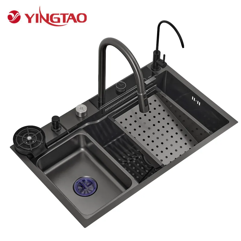 High-end black sliding splash handmade ss smart kitchen sink