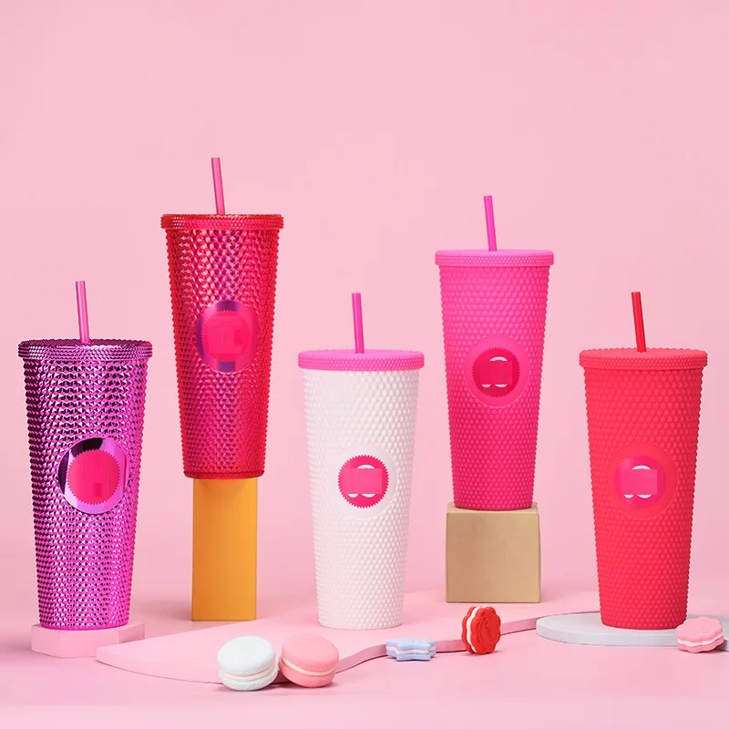 Large Capacity 24OZ 710 ML Hot Selling Pink Style Double Wall Plastic With Straw BPA Free Tumbler Accept Costom Logo