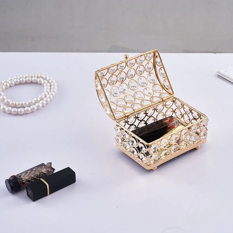Wedding Hardware Iron Treasure Chest Electroplated Gold Crystal Home Accessories Gift Gold Box Sign-in Desk Arrangement Props