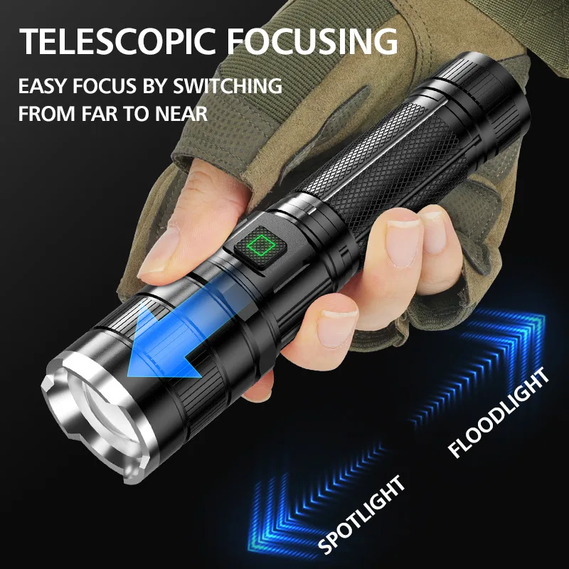 New Outdoor Waterproof USB Rechargeable Flashlight Telescopic Zoom Portable Multi-function LED Flashlight Tactical Flashlight