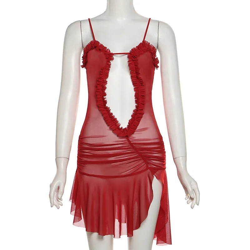 Women Ruffles Irregular Cut Out Slit Slip Mini Dress Women Deep V-Neck Solid Red Open Back Slim Short Dress Partywear