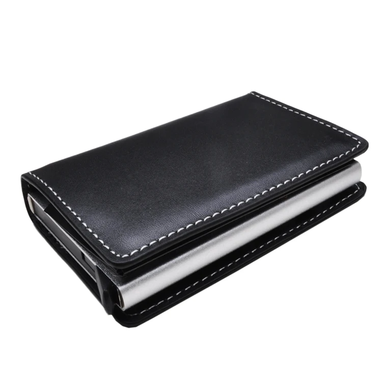 Hot selling leather RFID Blocking Pop Up Aluminum Card Case  Anti-Theft RFID Bank Credit Card Automatic Wallet