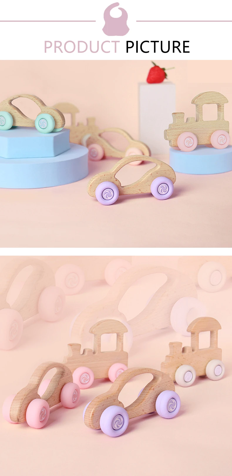 Custom Wholesale Silicone Teether Wood Car Shape Bpa Free Luxury Wood Baby Teether With Silicone Wheels For Infants