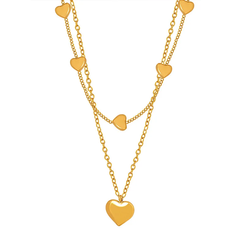 Double Layered Stainless Steel Gold Plated Heart Pendant Womens Necklaces