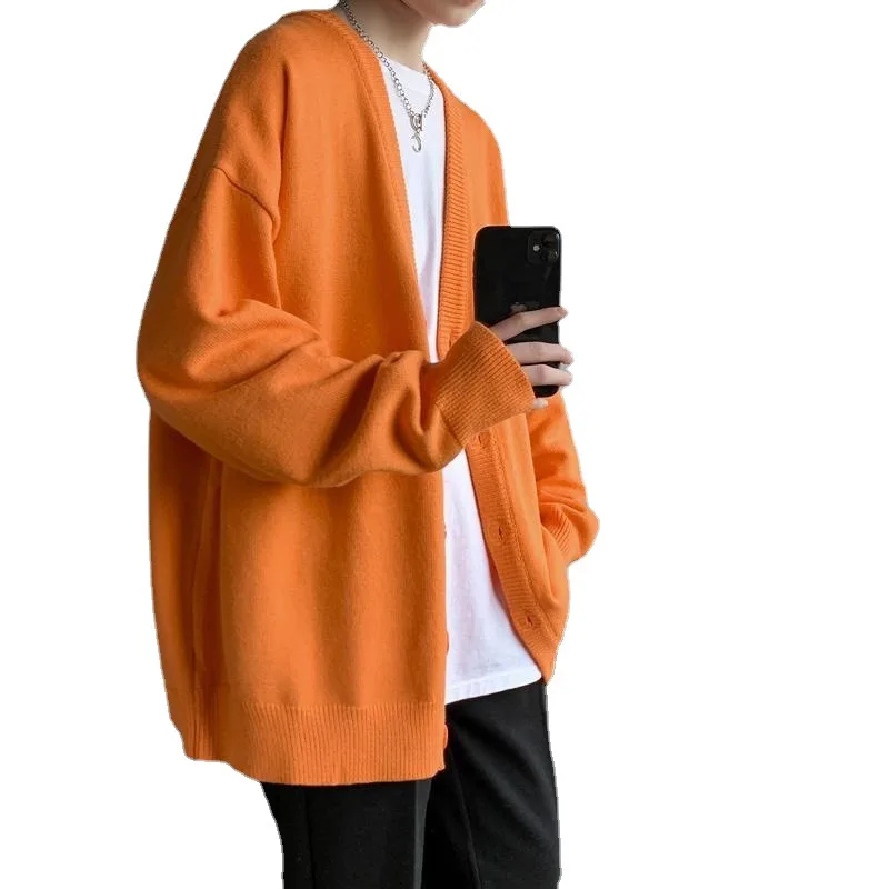 Top fashion mans knitted sweater cardigan loose V neck cardigan knit sweater in solid color large size bottom sweater