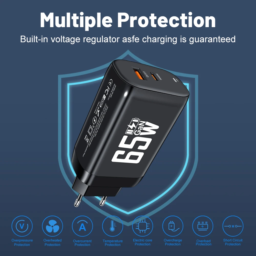 Gan 65w Usb C Charger Pd Type C +usb Dual Port Wall Charger For Iphone 16 15 14 13 Xiaomi Samsung for Macbook Phone Charging