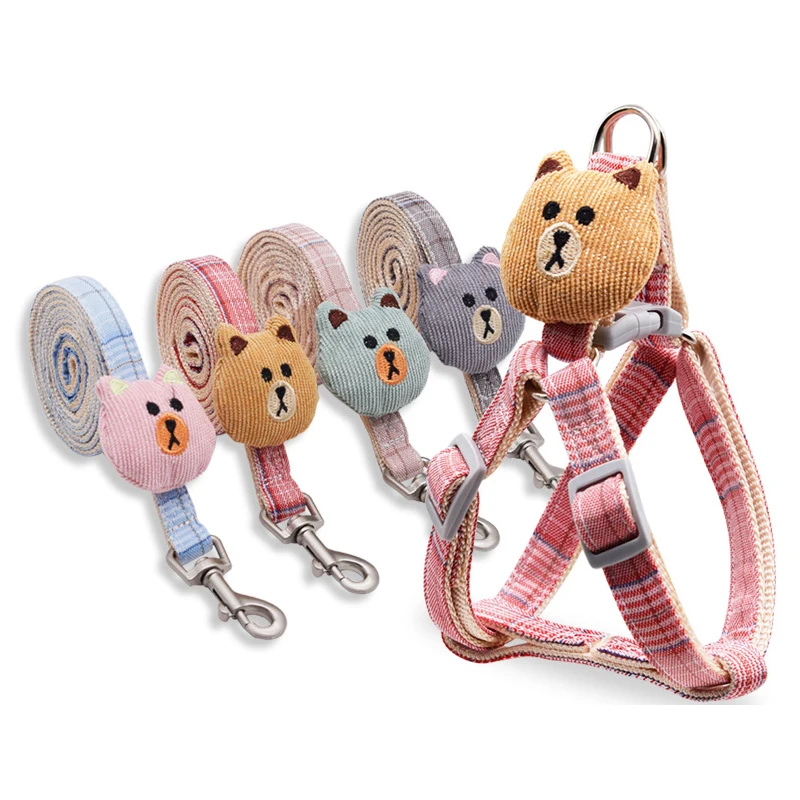 Adjustable Bear Puppets Plaid, Flat Rope Breathable Cotton Two-Piece Set Pet Supplies Lovely Dog Harness//