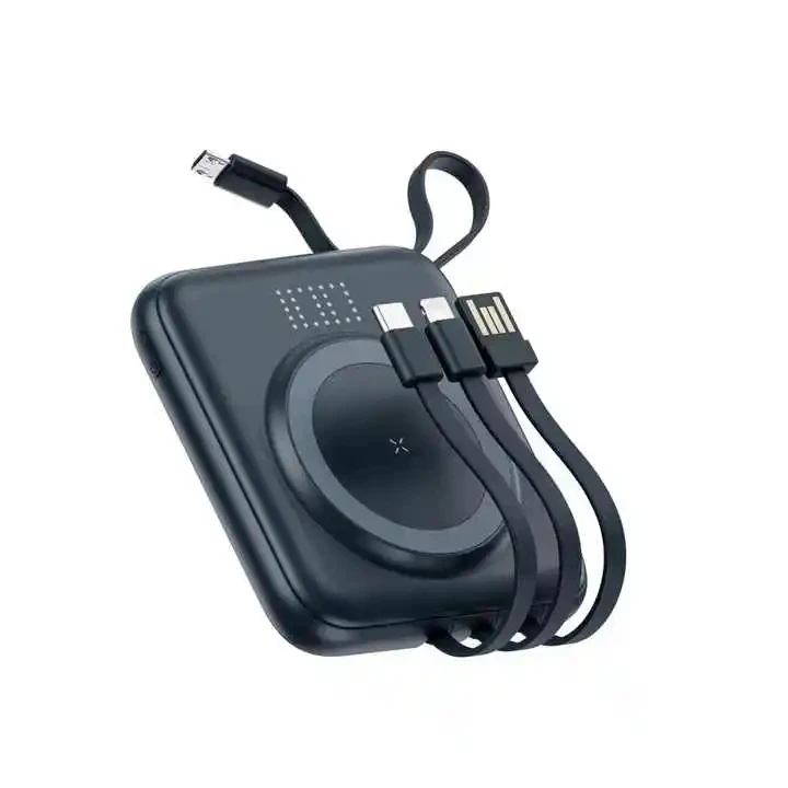 2024 Latest LED Light 10000mAh Power Bank with 4 wire Mini Phone Charger with Cable for iPhone 14 Pro Max