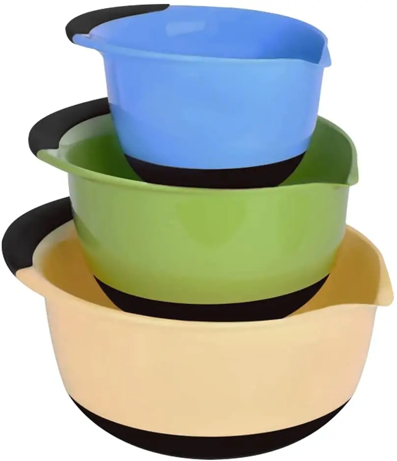 
3 Pack Nesting Mixing Bowls Set with Rubber Grip Handles Easy Pour Spout 
