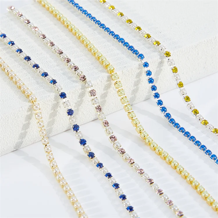 Gold back  pearl  Claw Rhinestone Cup Chain SS6 Crystal Chain For Garment Headband Accessories