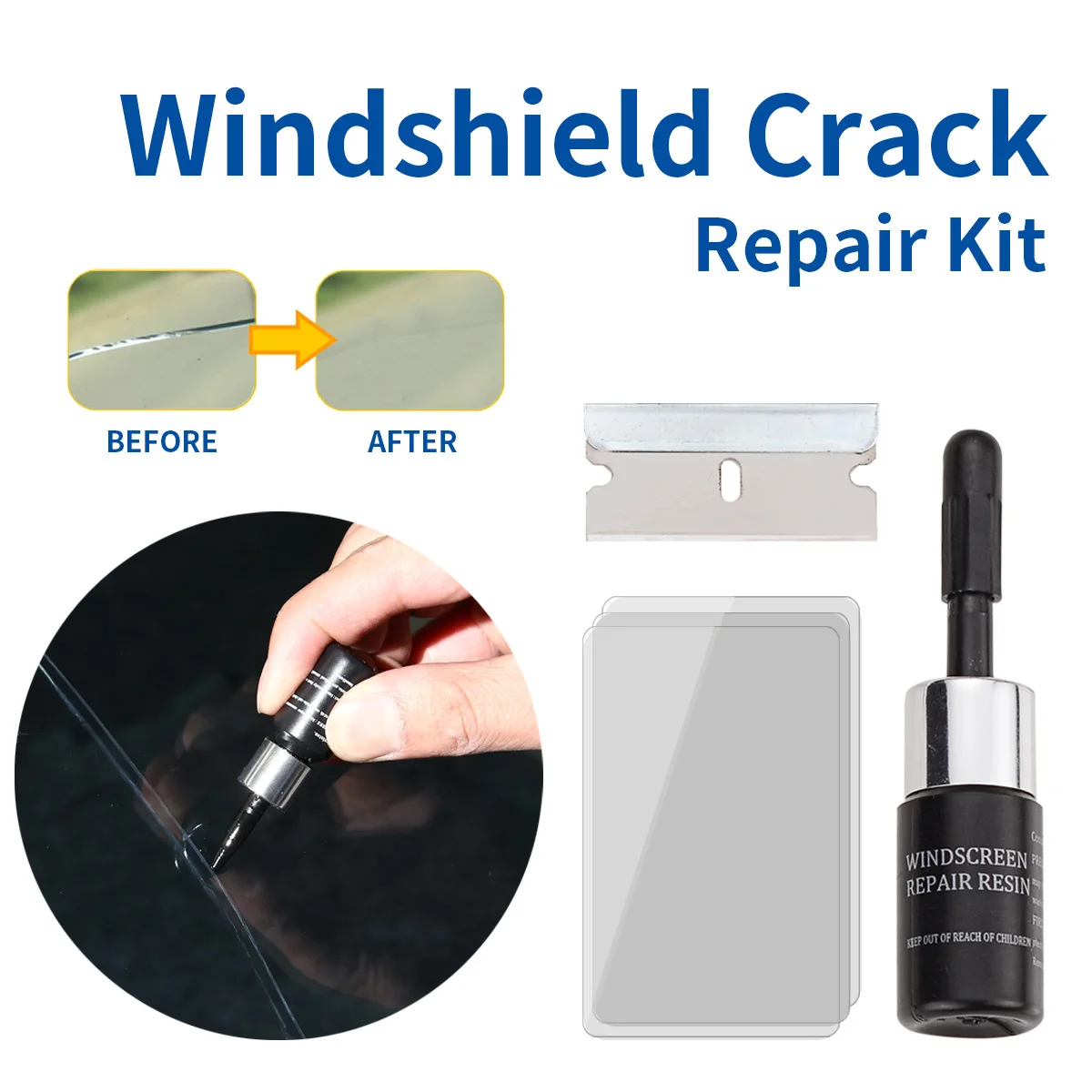 Windshield Repair Kit Crack for Chips and Cracks With Curing Lamp Towel Gloves