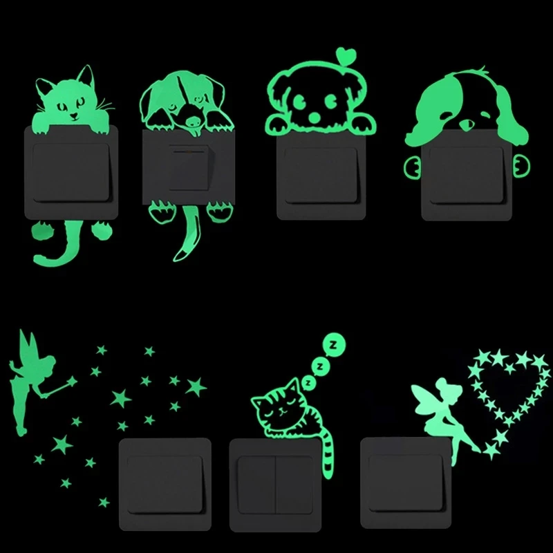 Custom Luminous Switch Stickers Glow In Dark Kids Room Cartoon Cat Dog Fairy Star Pvc Wall Decal Sticker