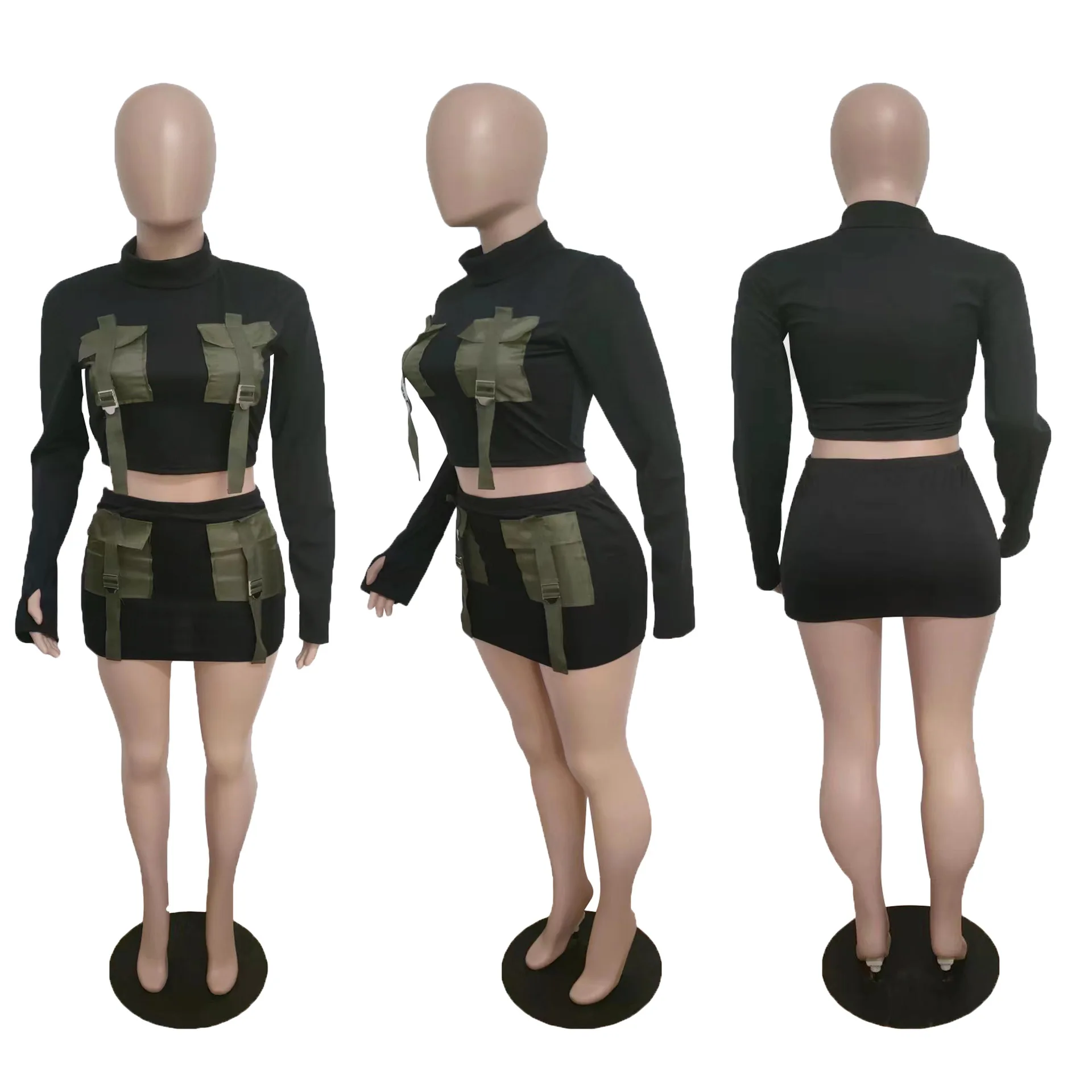 Custom Logo Hot selling Two Pieces Set For Women Long Sleeve Crop Top With Skirt Two Piece Set Chic Pocket for Sexy Ladies