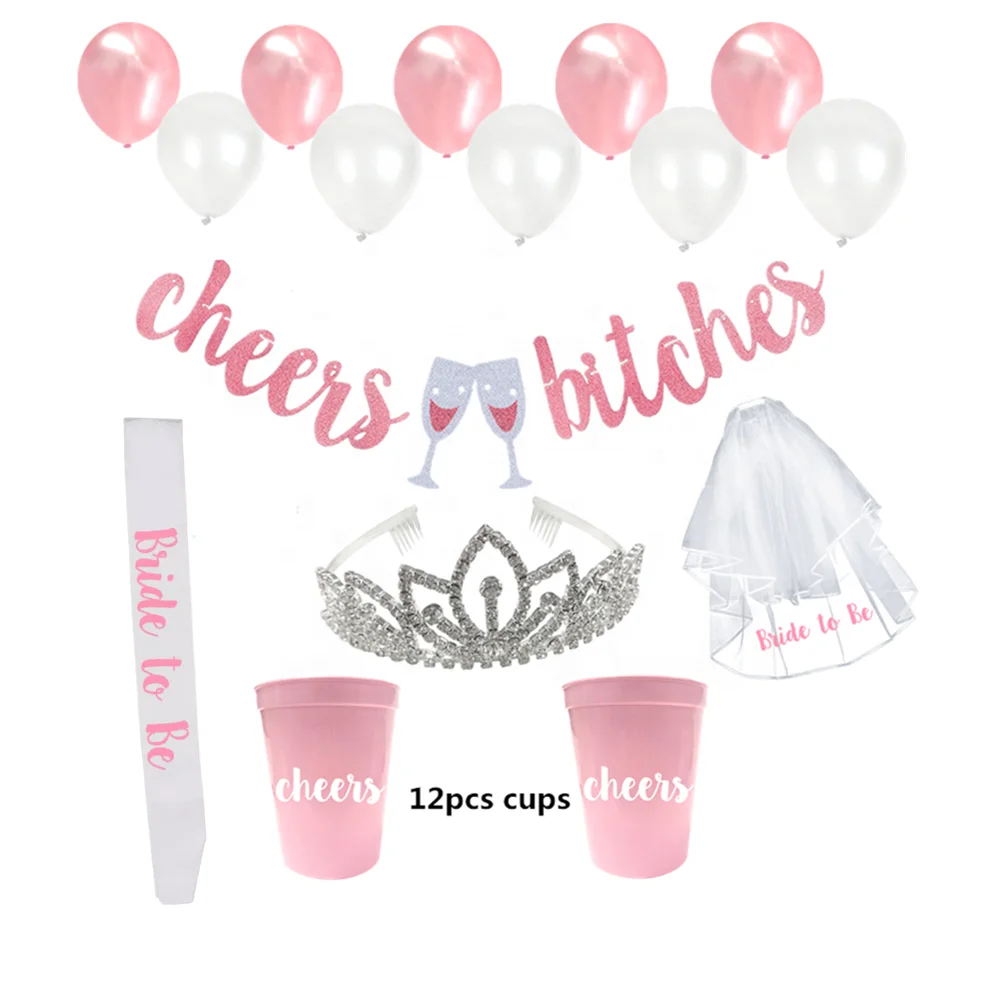 Лидер продаж, свадебные принадлежности для душа, баннер-блеск, тиара нового дизайна, розовые пластиковые чашки, набор украшений для девичника