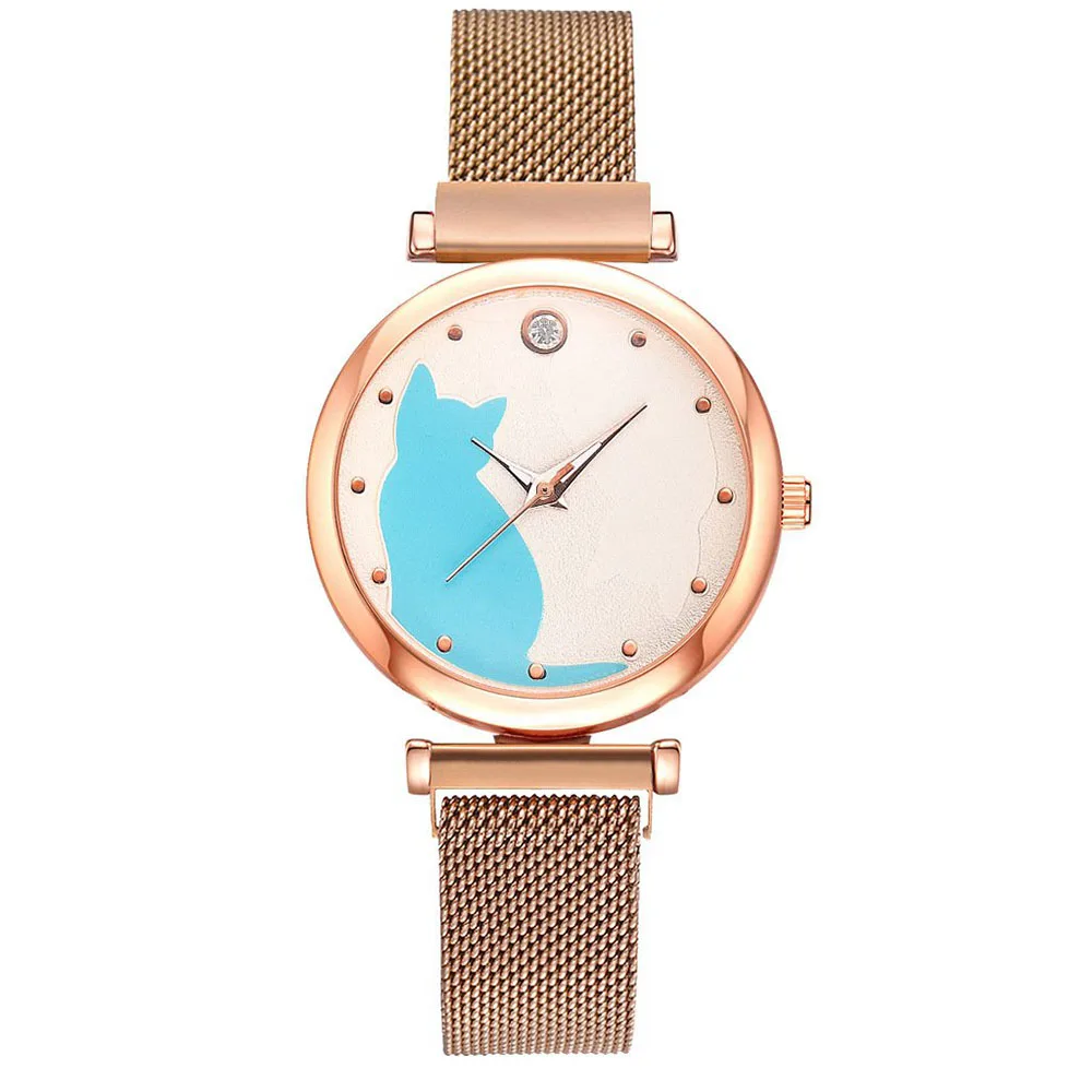 New Magnetic Watch Set Women Quartz Wristwatch Mesh Bracelet Cute Cat Dial Ladies Watches