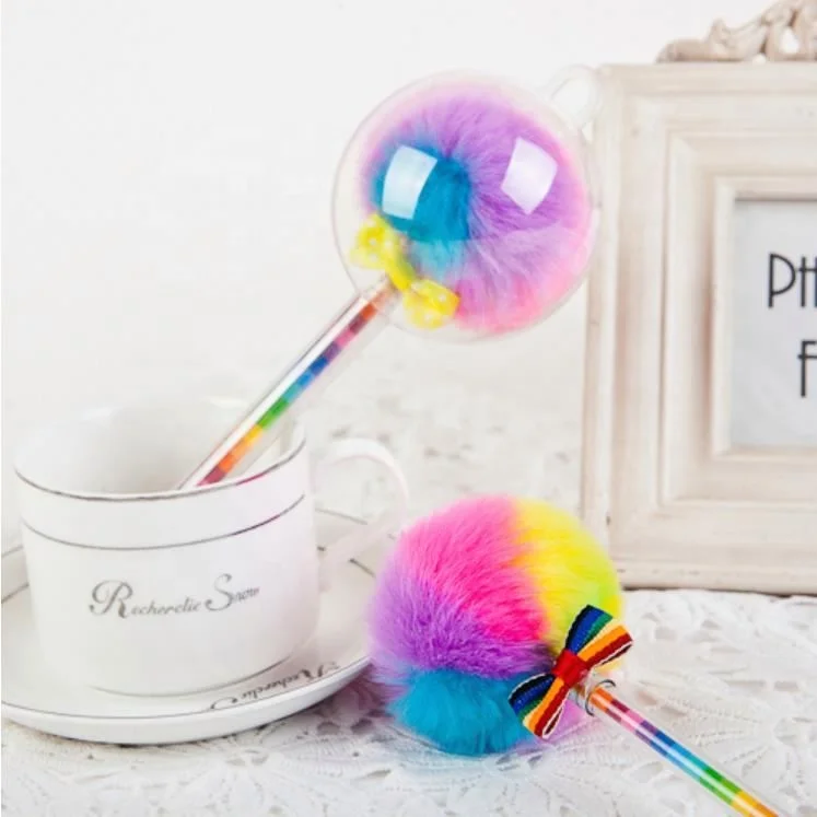 Colorful cute wholesale product promotional cheap plastic hairball fluffy ballpoint pen for gift