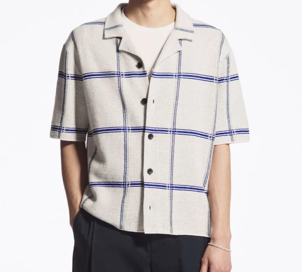 Custom Short Sleeve Vintage Open Front Button Up Cardigan Man Knit Sweater V Neck Blue White Stripe Man Textured Knitted Sweater