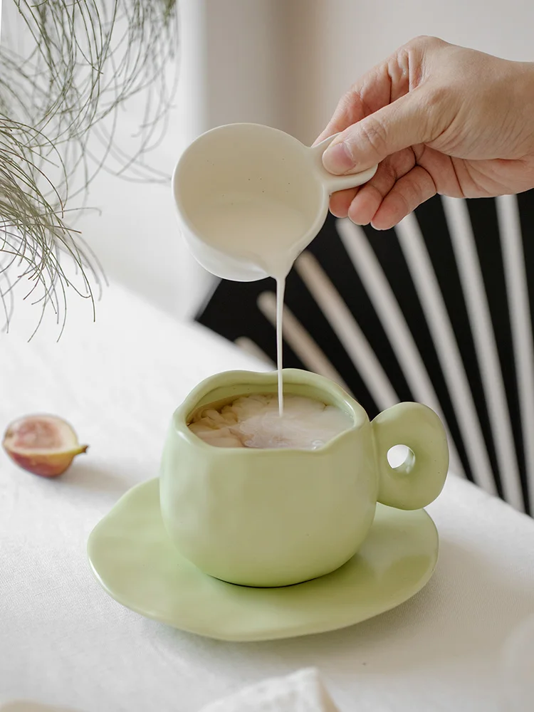Aesthetic Ins Style Ceramic Coffee Mug with Saucer Handcrafted Irregular Textured Milk Tea Cup Set Best Gift for Coffee Lovers