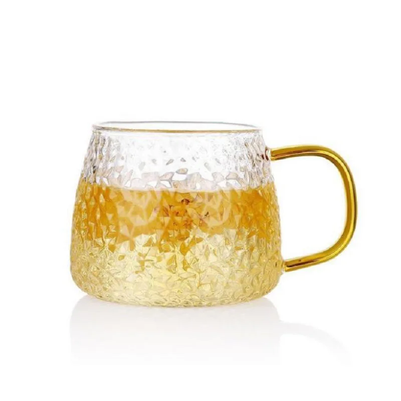 
15oz High Borosilicate Glass Cup With Gold Handle Hand blown Hammer Grain glass Mug 