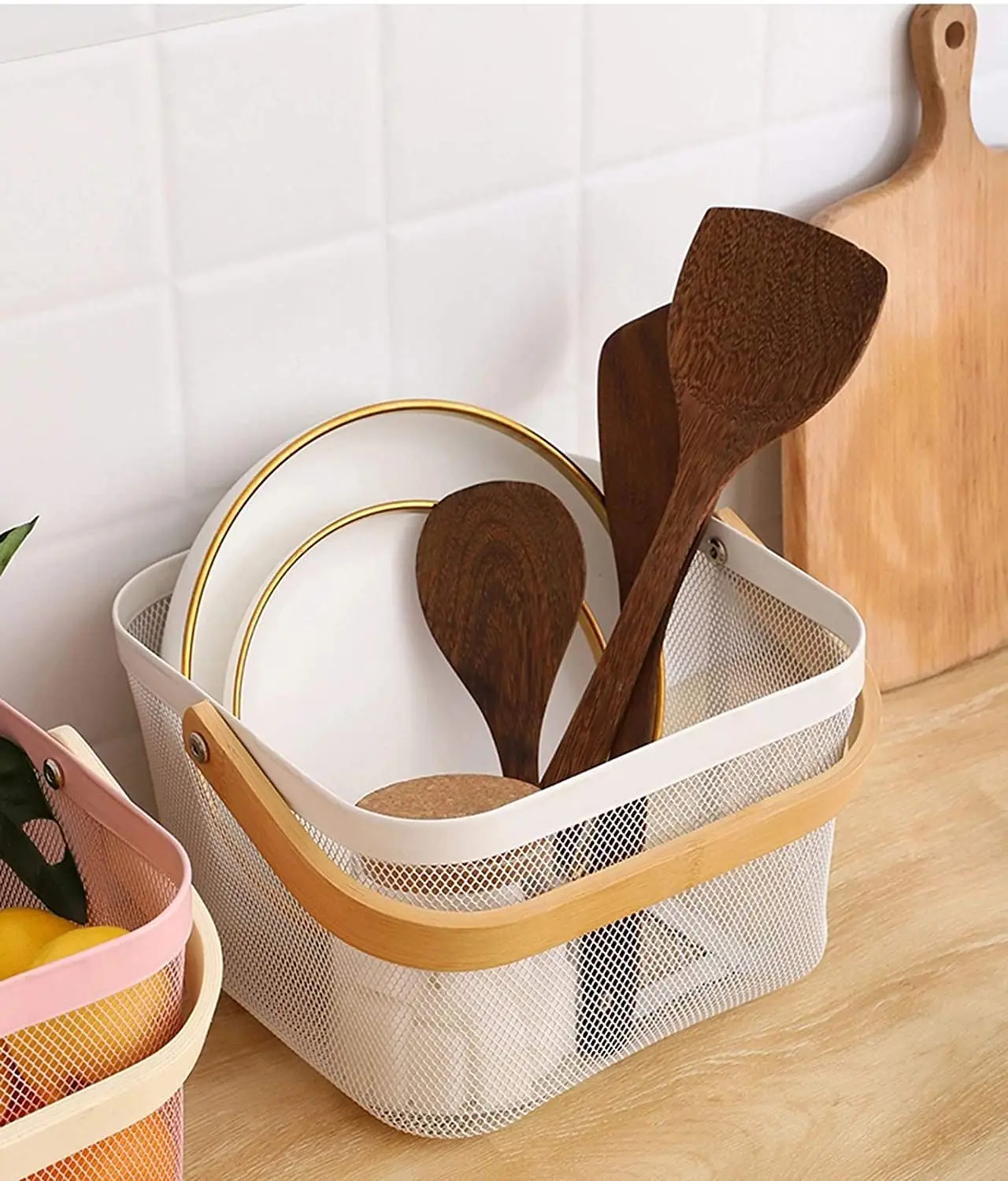 Multi-function Hanging Kitchen Mesh Metal Wire Baskets Fruit Basket Bin with Wood Handle for Kitchen