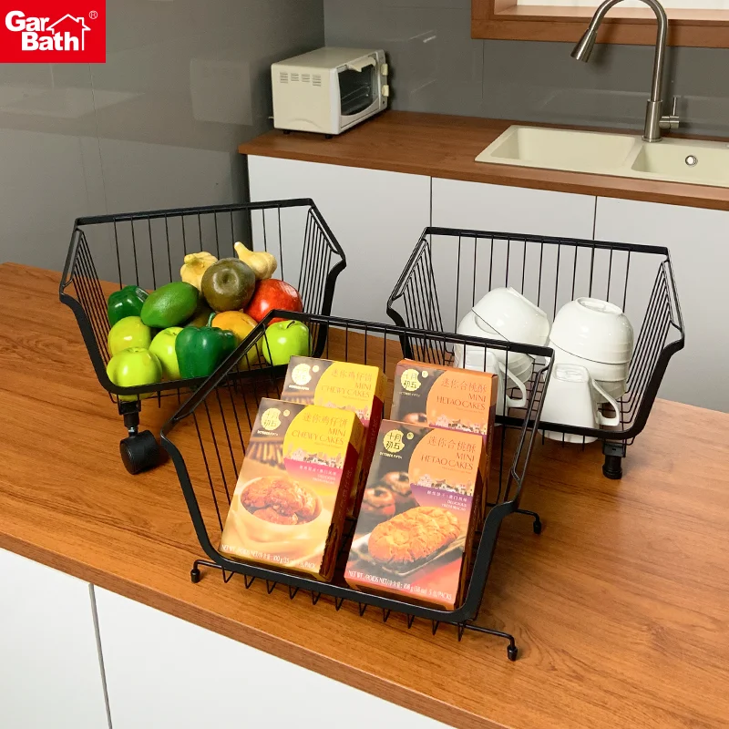 Metal Wire Baskets with Wheels Stackable Storage Bins Kitchen Organizer Shelf Fruit Vegetable Cart Dishes Seasonal Rack Shelves