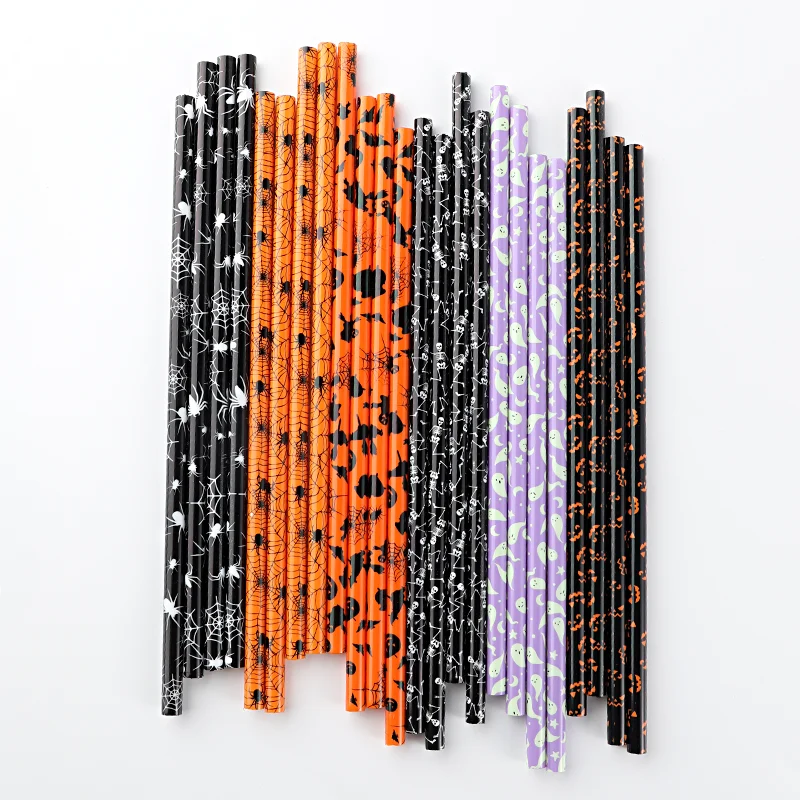 Reusable pp hard plastic Halloween printing straw,  Eco-friendly printed Halloween straws with ghost & spider designs