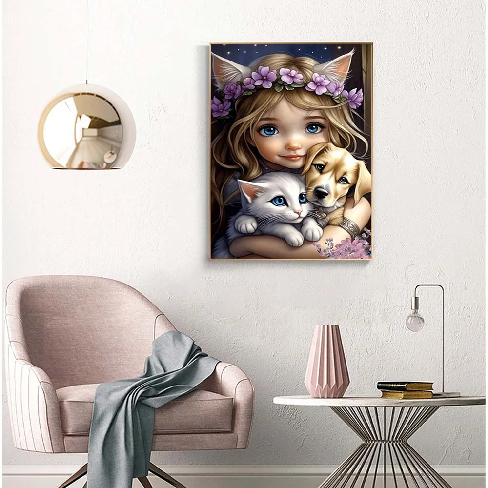 Animal Cat Dog Little Girl Draw Full Diamond Cross Embroidery Diamond Kit DIY Adult Diamond Painter Home Wall Decoration Gift