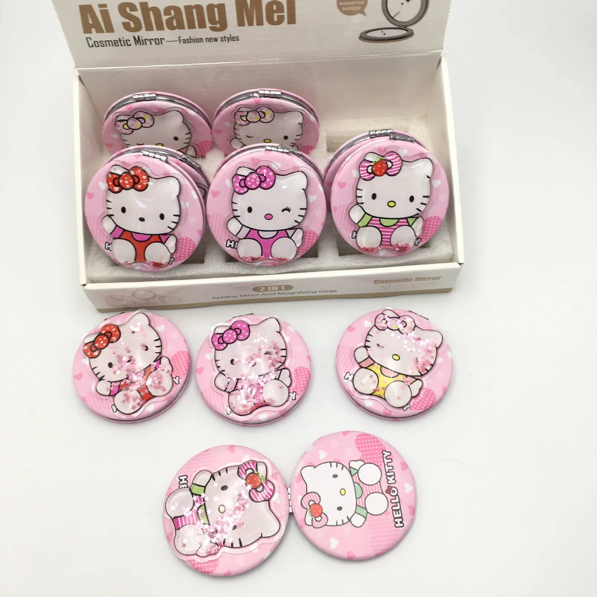 Cartoon Liquid Quicksand Foldable Mirror Double-side KT Pocket Mirror  Makeup Mirror with 1X/2X Magnifying