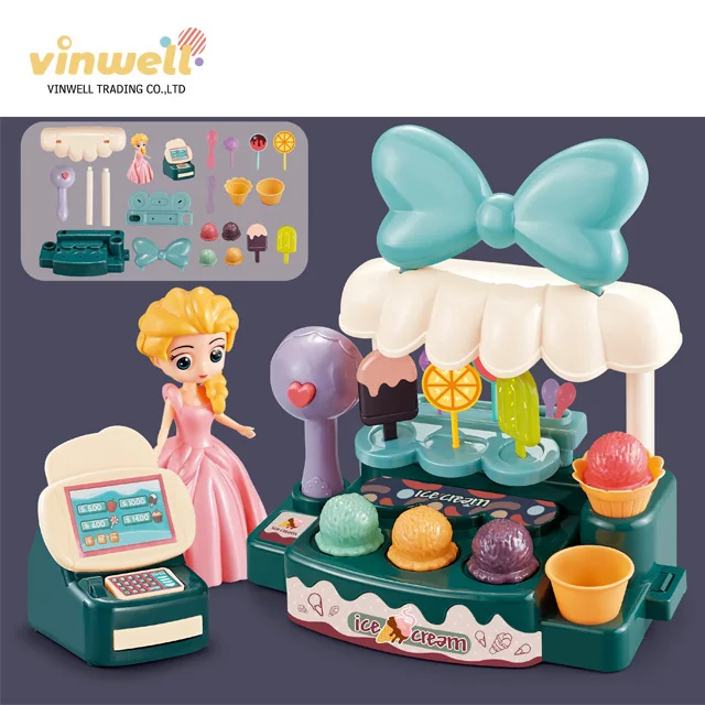 22PCS DIY Ice cream shop pretend play fashion Princess cash register sound&light supermarket toy set for girls